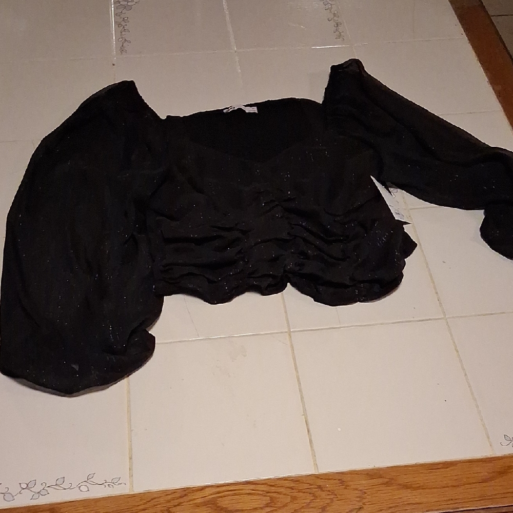 SO Black Shimmer Puff Sleeve Top